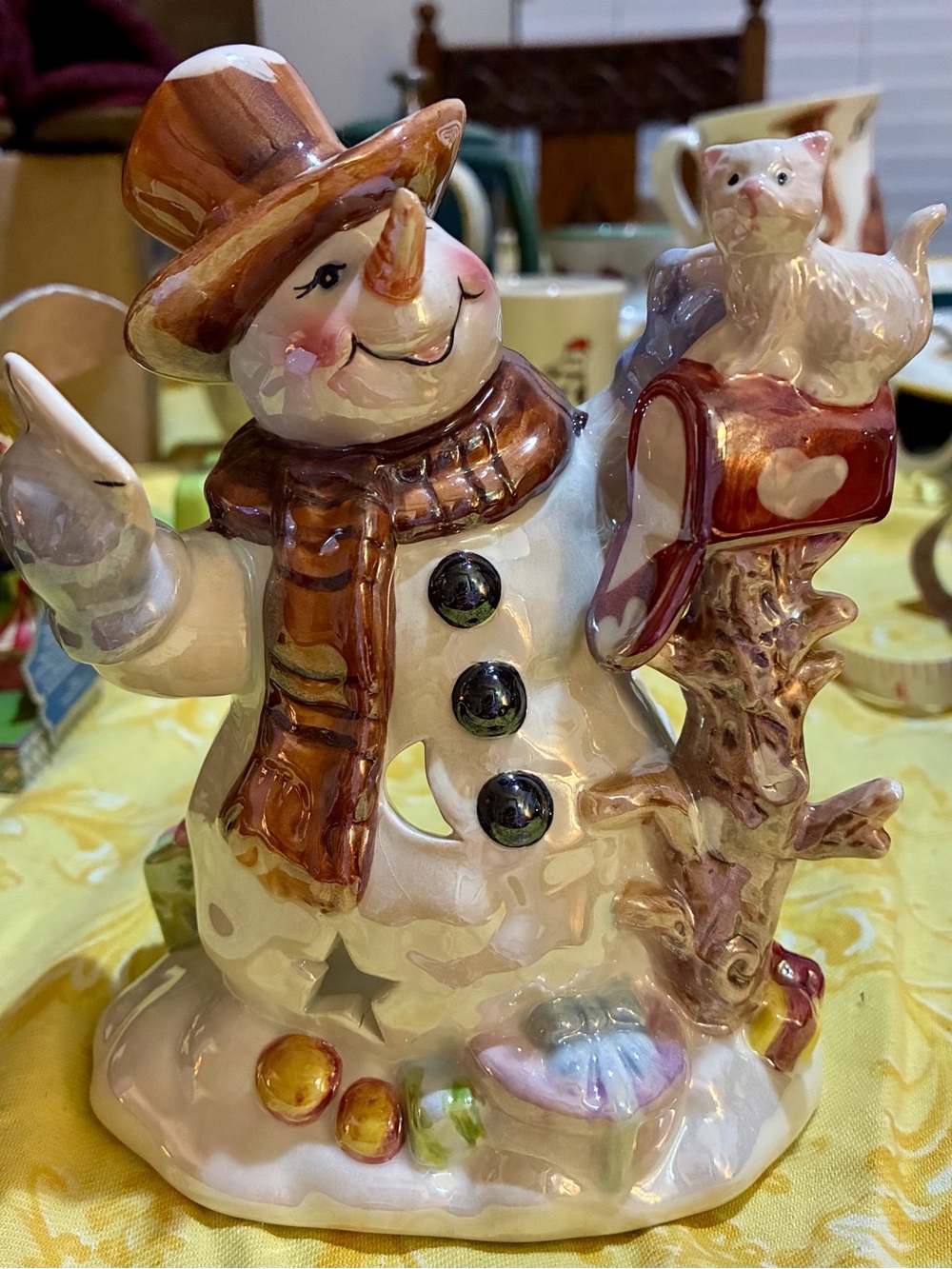 Vintage Iridescent Snowman Figurine w/Cat, Red Mailbox,Blue Mittens,Brown Hat EC